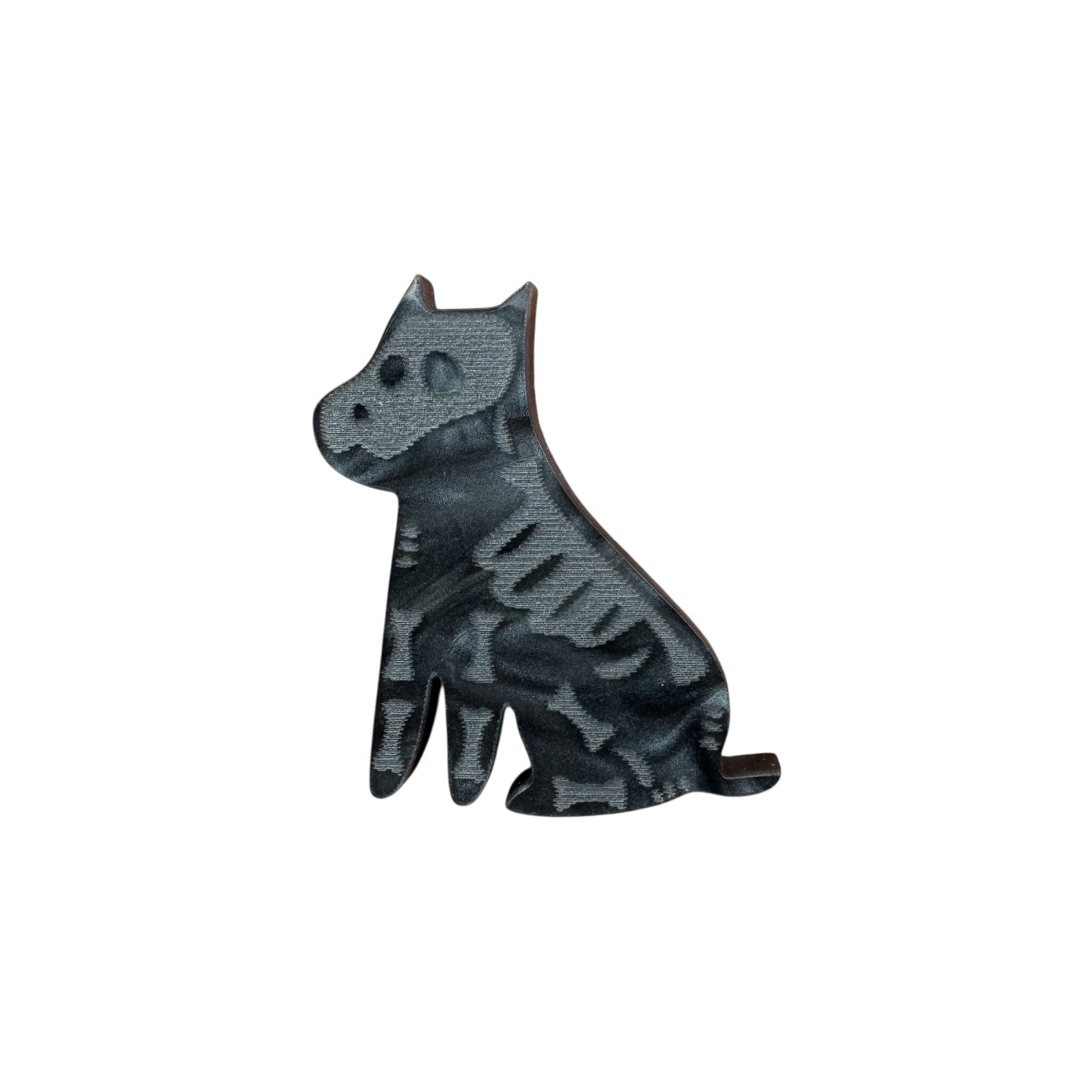 Black and gray x-ray dog-shaped pin on a white background