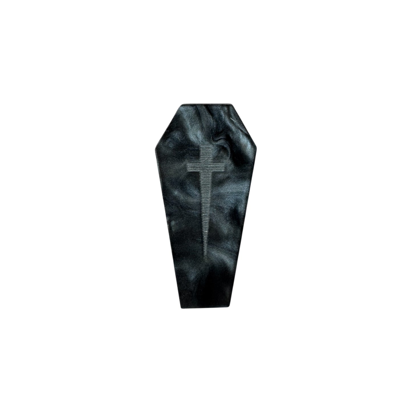 Black coffin-shaped pin with a cross design on a white background