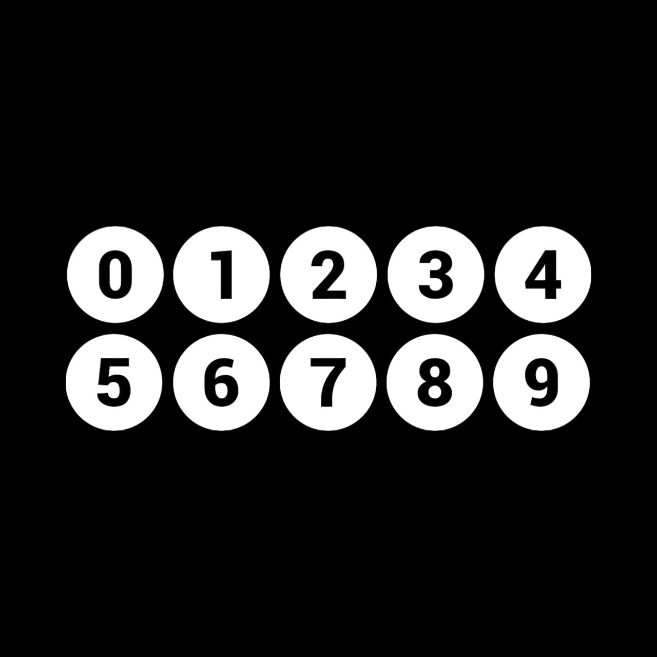 Black numbers 0 through 9 on white circles. Black background.