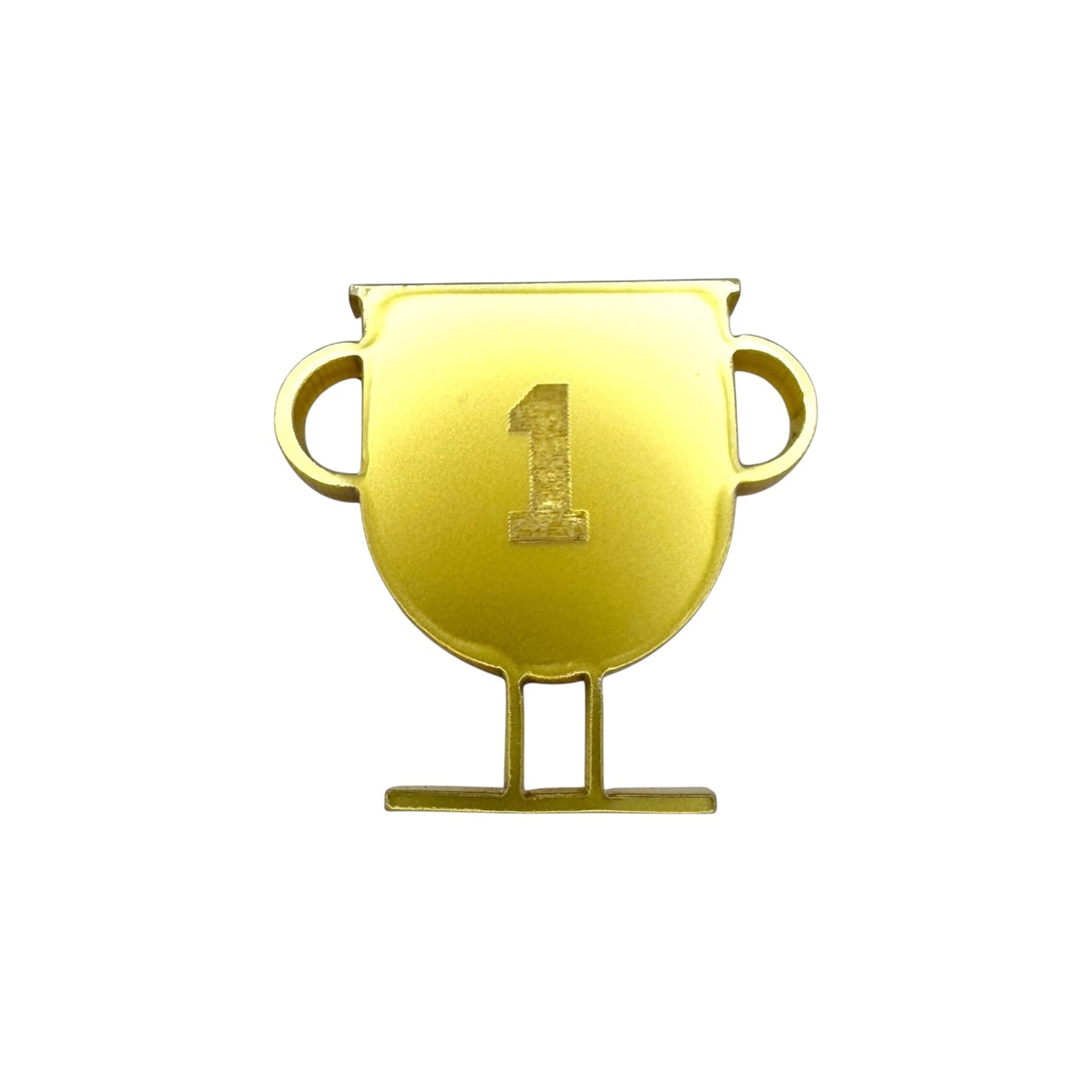 Gold trophy pin with the number '1' on a white background