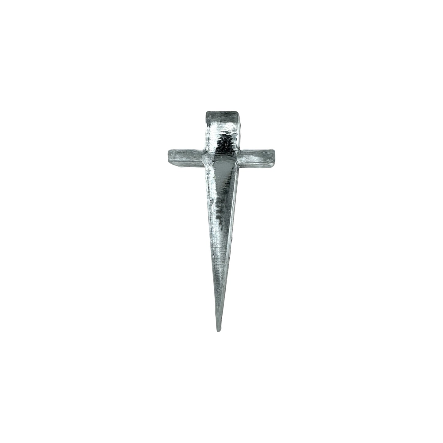 Silver cross pin on a white background