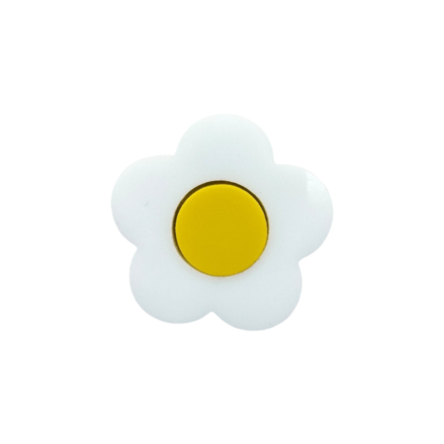 White daisy-shaped pin with a yellow center on a white background

