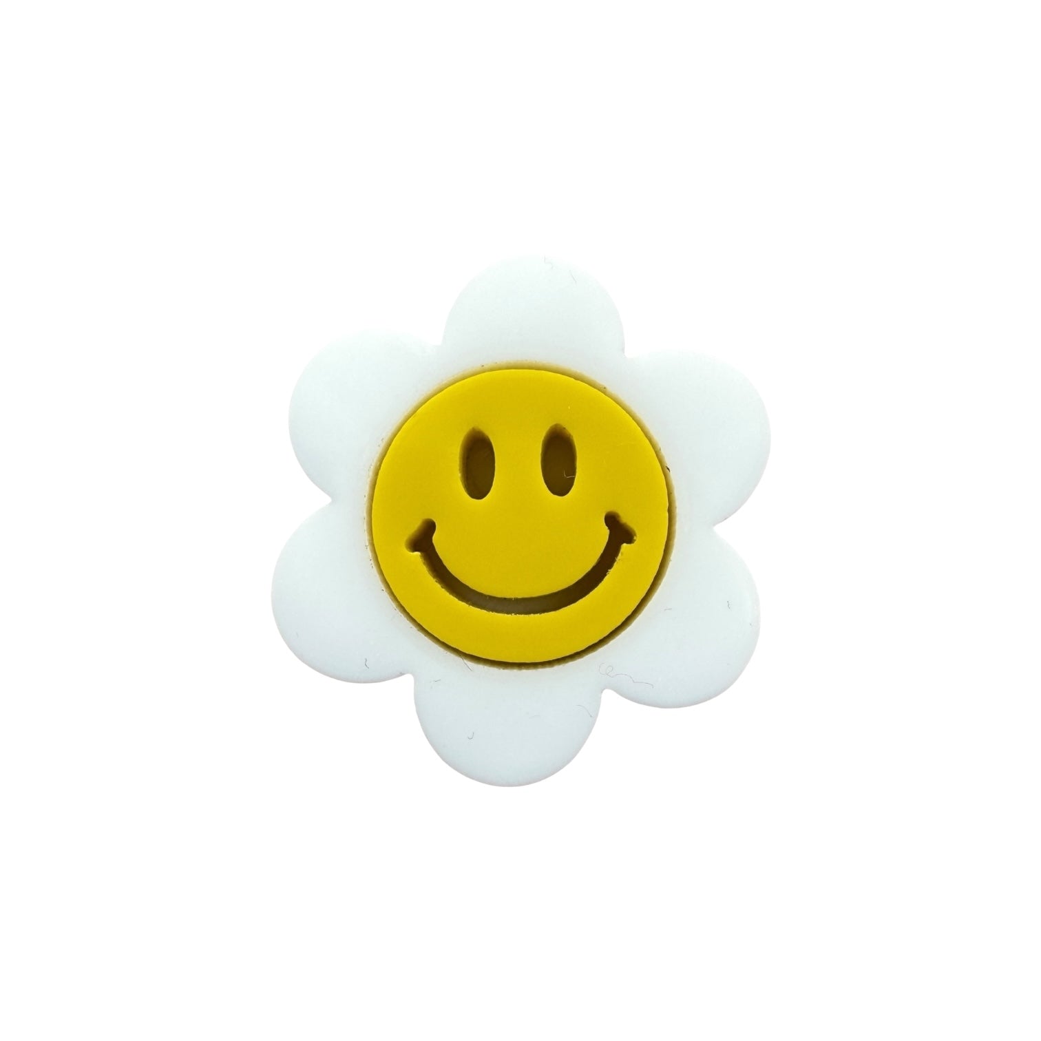 Flower-shaped pin with a smiley face on a white background

