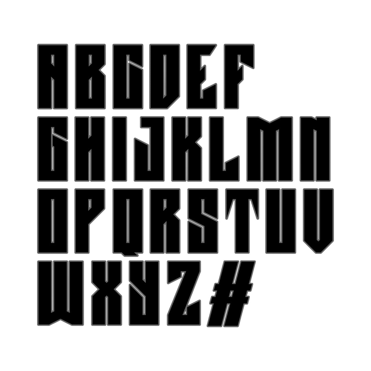 Black geometric-style alphabet letters and symbols on a white background