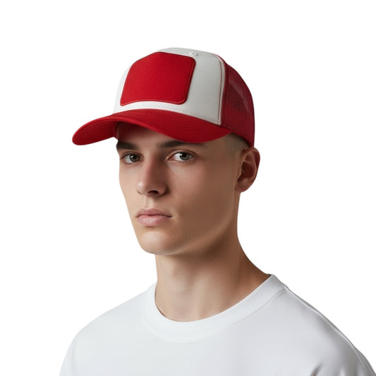 Person wearing a red and white cap on a white background