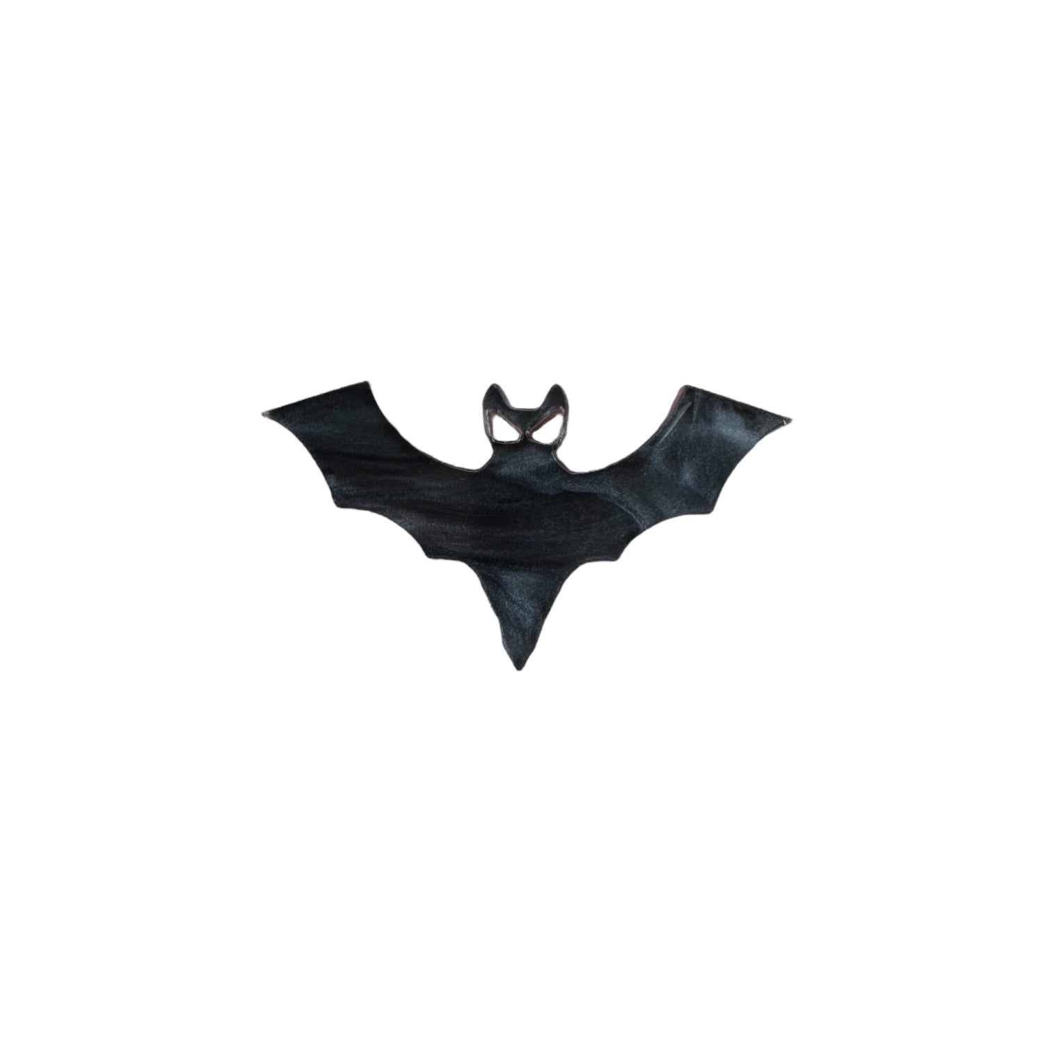 Black bat-shaped pin on a white background

