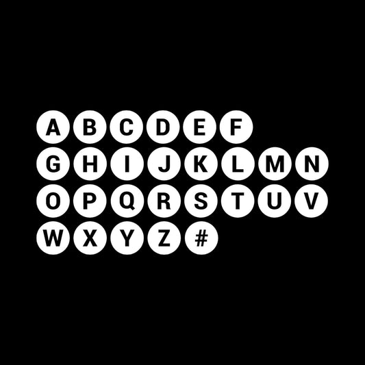 Black Alphabet letters/numbers and a hash symbol on White circles, from A to Z. Image has a black background