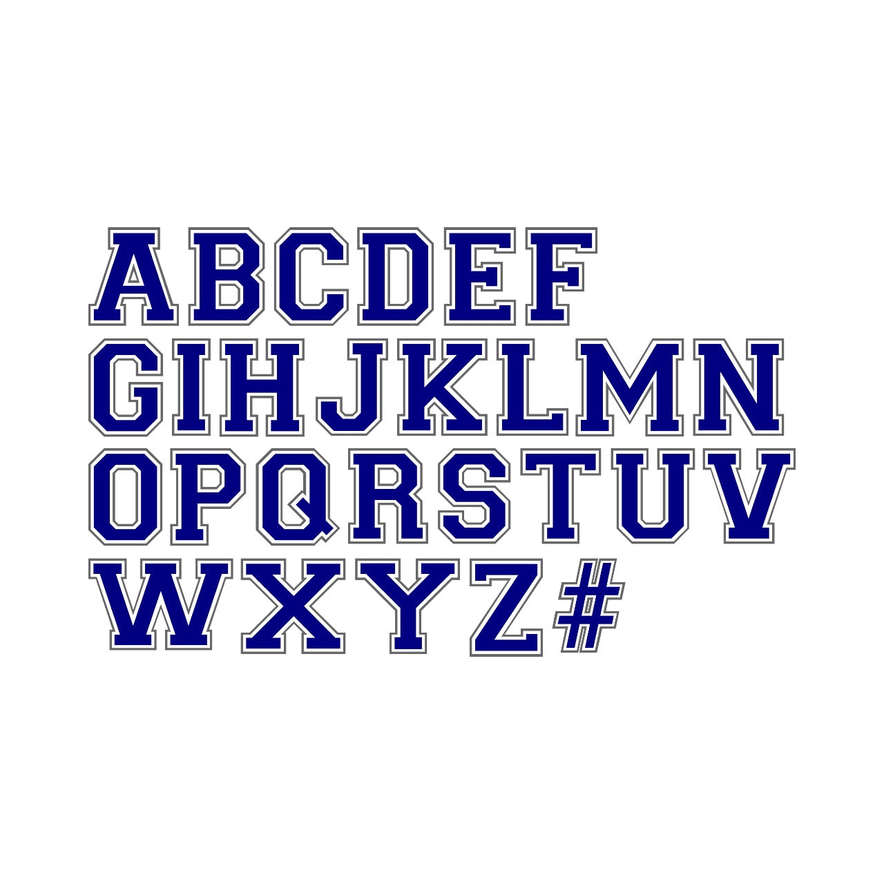 Blue varsity alphabet letters, numbers, and a hash symbol on a white background.