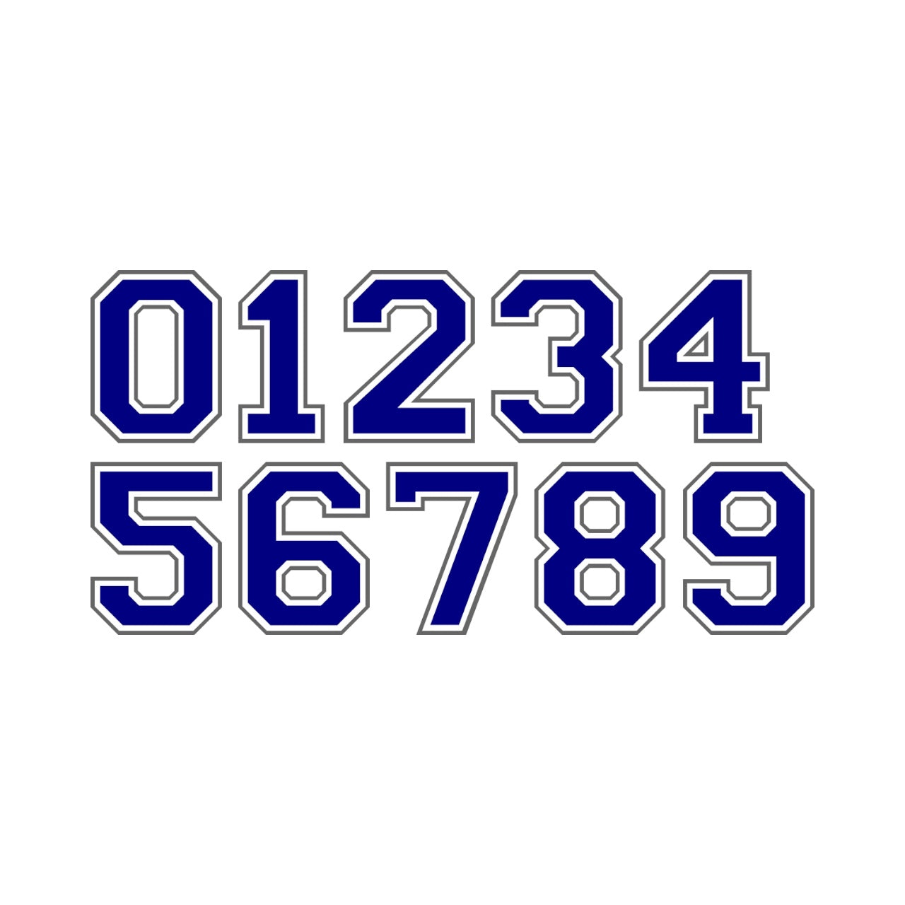 Blue varsity numbers on a white background.