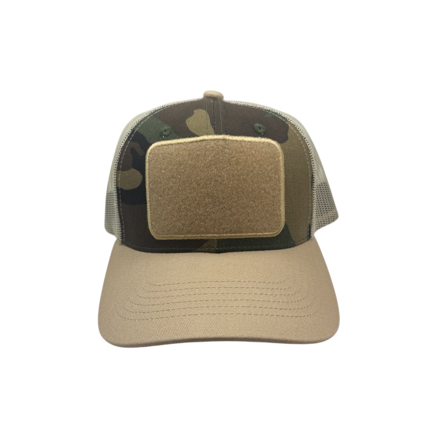 Beige and camouflage trucker cap with a patch on a white background