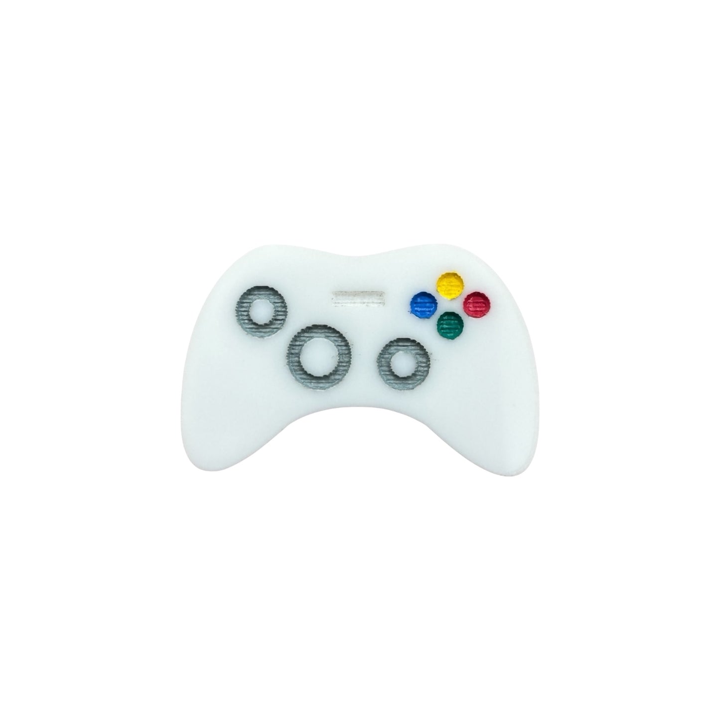 White gaming controller  pin with colored buttons on a white background

