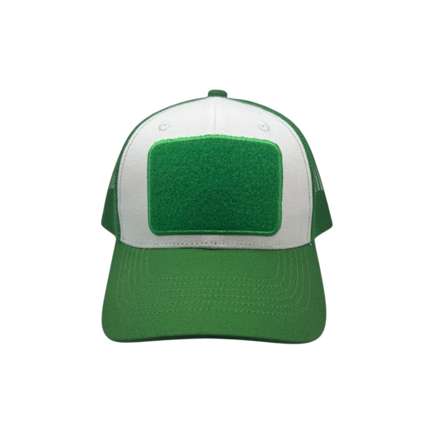Green and white trucker hat on a white background