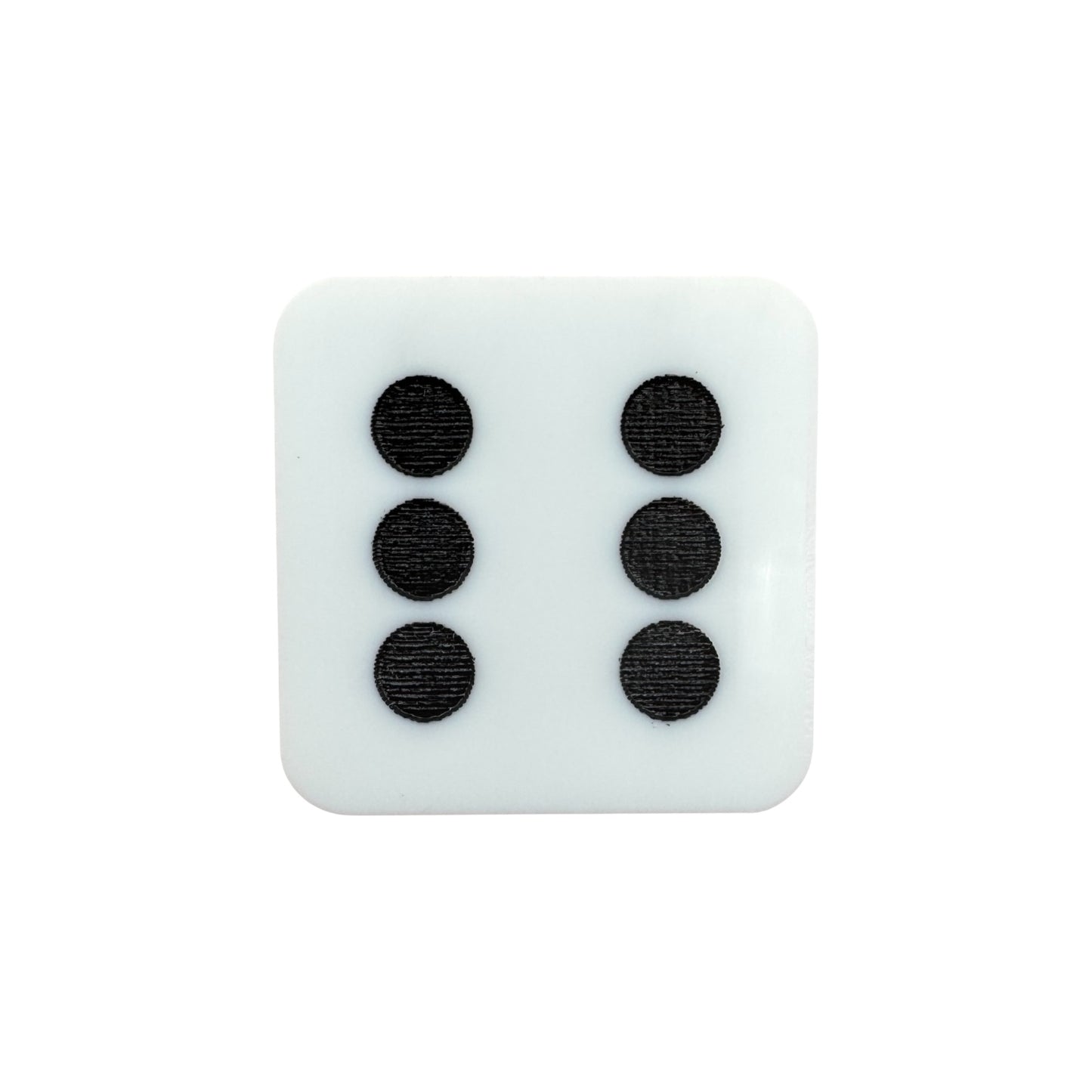 Dice-shaped pin with six black dots on a white background


