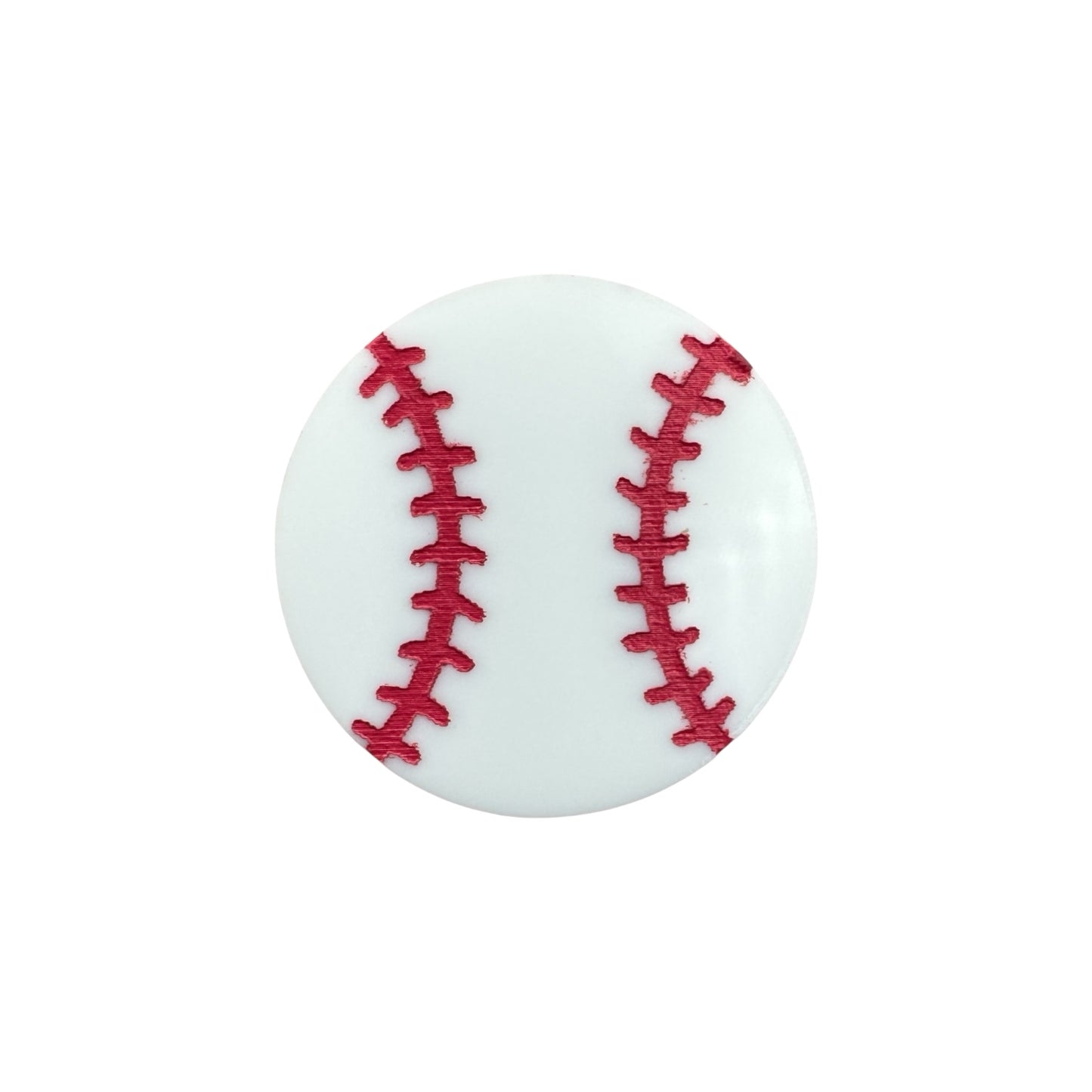 Baseball shaped pin with red stitching on a white background


