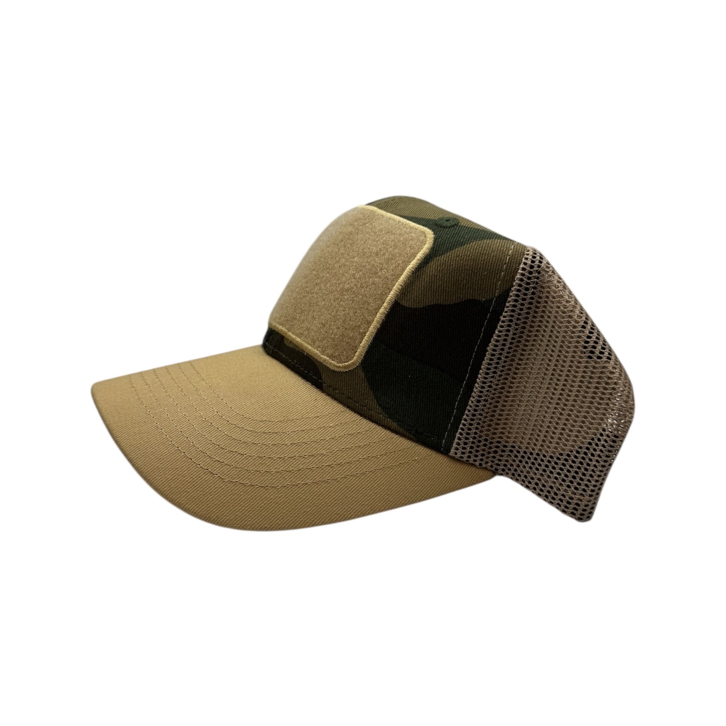 Beige and camouflage mesh cap on a white background