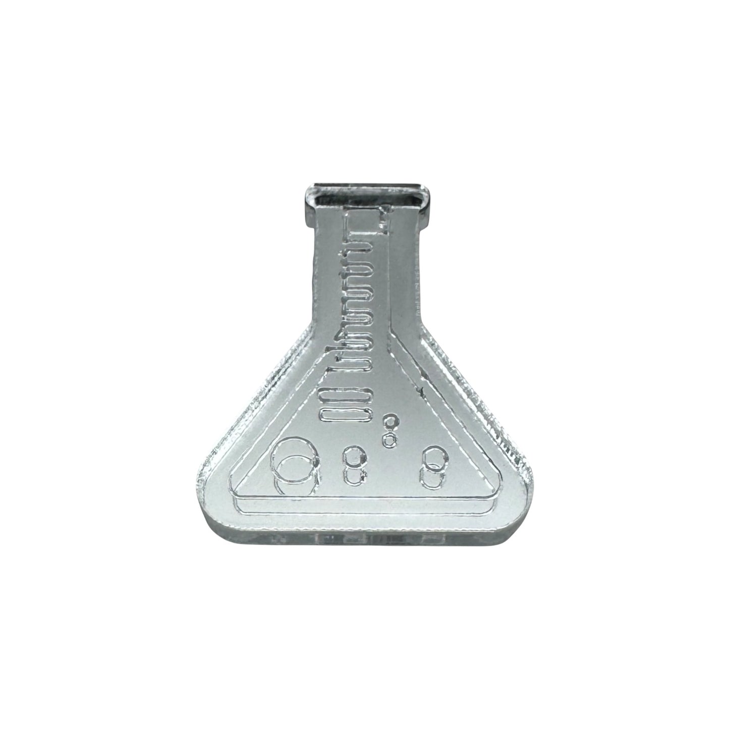 Metallic chemistry flask-shaped pin on a white background

