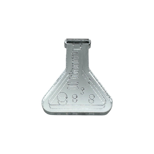 Metallic chemistry flask-shaped pin on a white background

