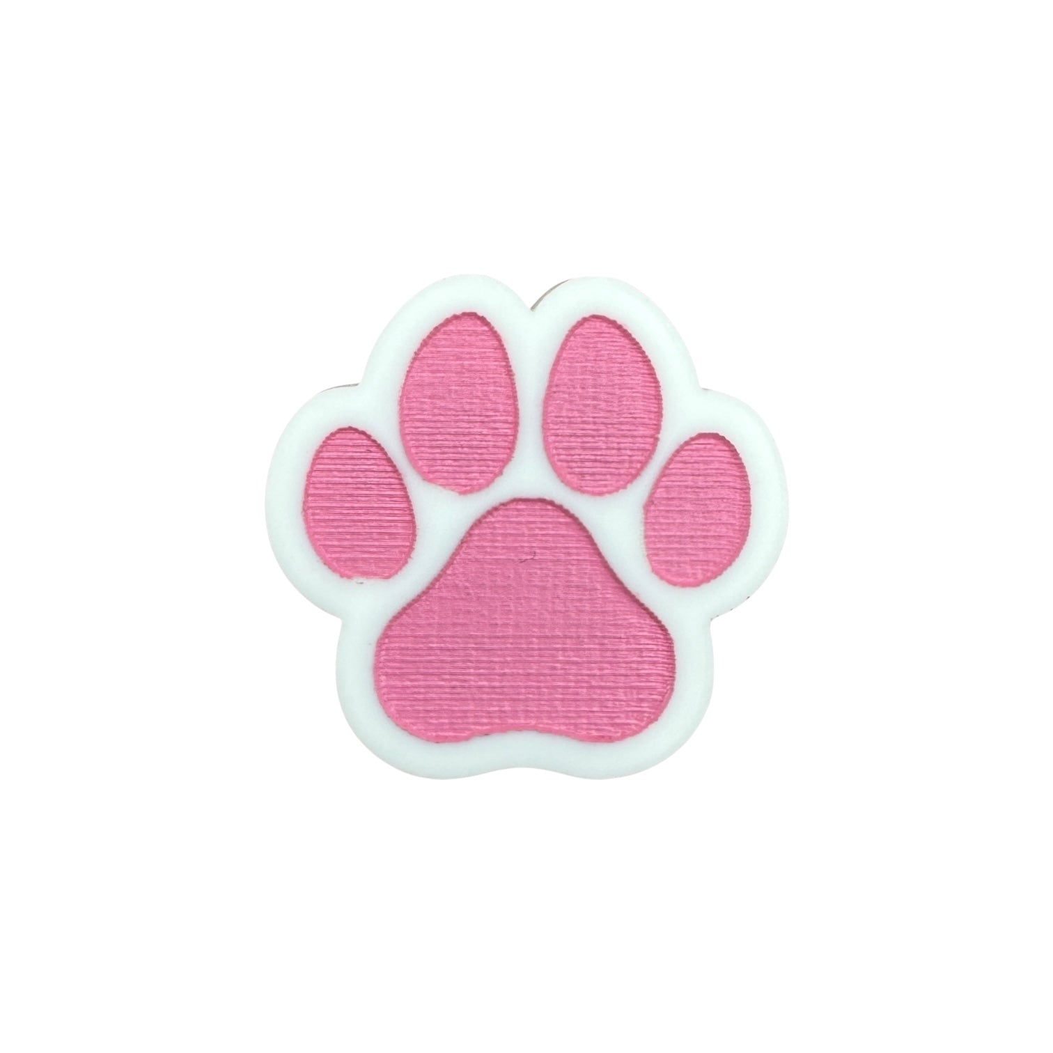 White and Pink paw print designed pin on a white background