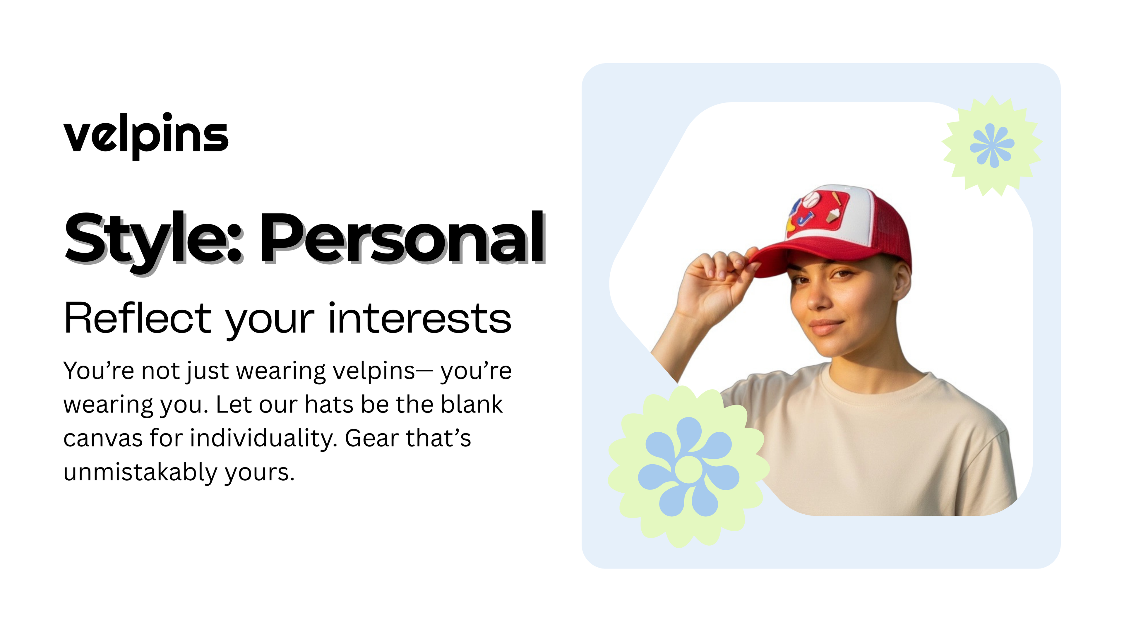 Person wearing a cap with velpins branding and promotional text on a white background
